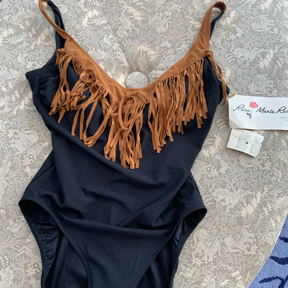 Rosa Maria Black and Brown Fringe One Piece Swimsuit